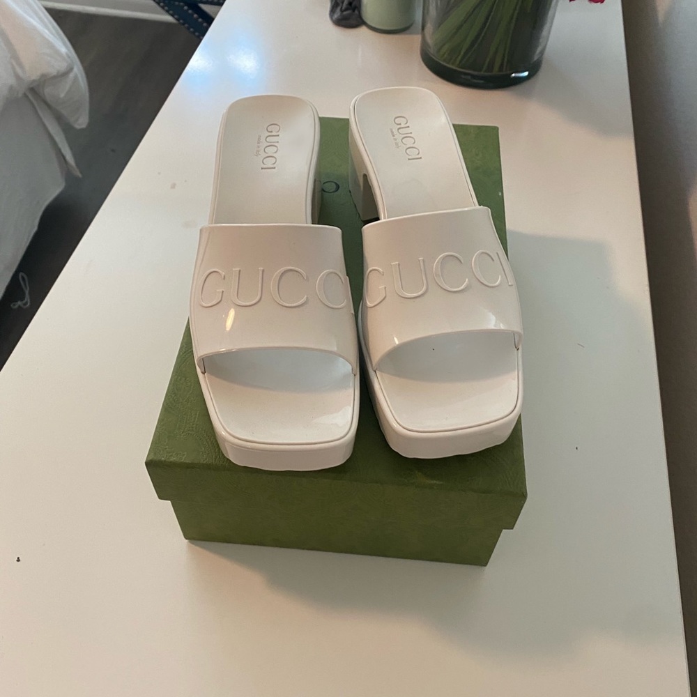 NEW Gucci White Platform Slide Sandal Heel Mules Size 9